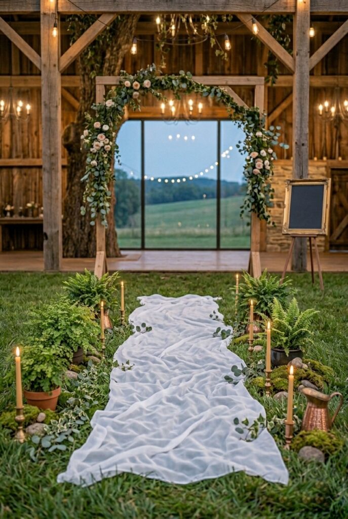 Country wedding ceremony arch base surrounded by clusters of lush green fern pots, small moss-covered stones, and trailing ivy at ground level, creating a natural garden floor effect beneath a wooden arch wrapped in white and cream florals