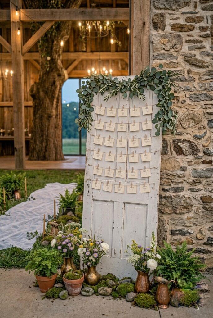 Vintage wooden door painted in matte white, leaning against a stone wall at a country wedding entrance, with escort cards attached using small wooden clips, surrounded by a loose eucalyptus garland and small potted flowers at the base