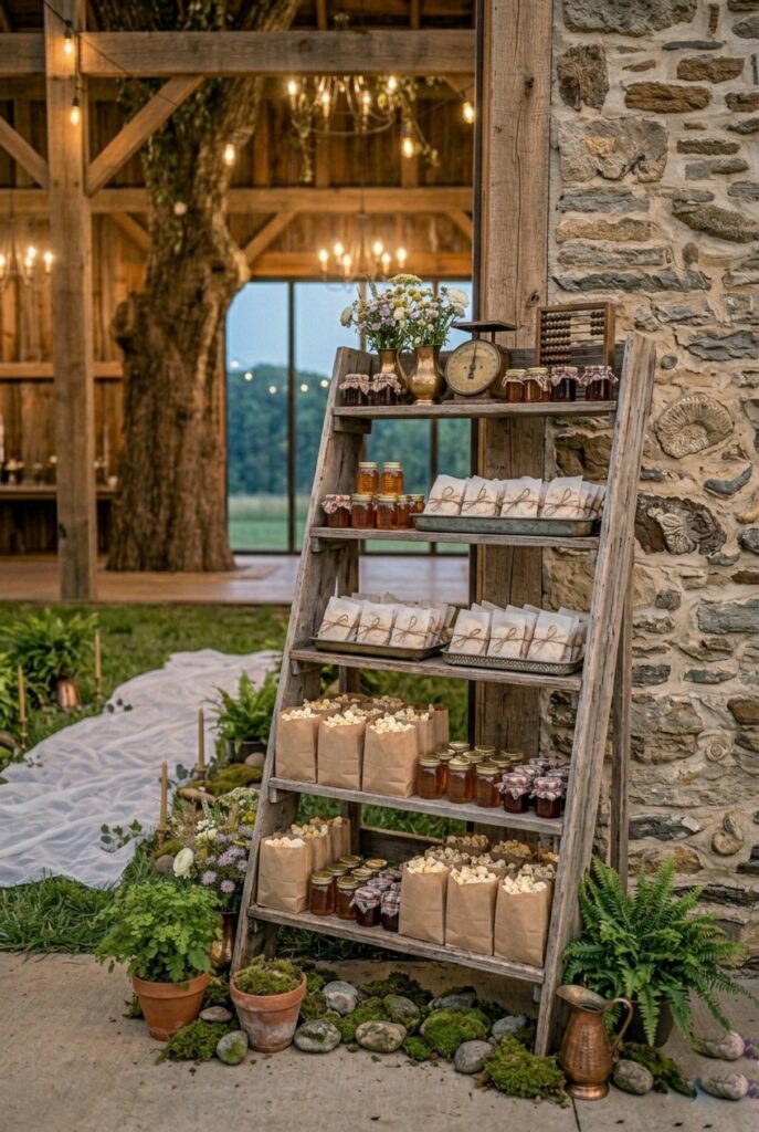 Country wedding late-night snack station styled as a rustic general store with a vintage wooden shelving unit holding small brown bags of kettle corn, mini jam jars, honey packets, and individually wrapped cookies, with a hand-lettered wooden sign and warm Edison bulb lighting above