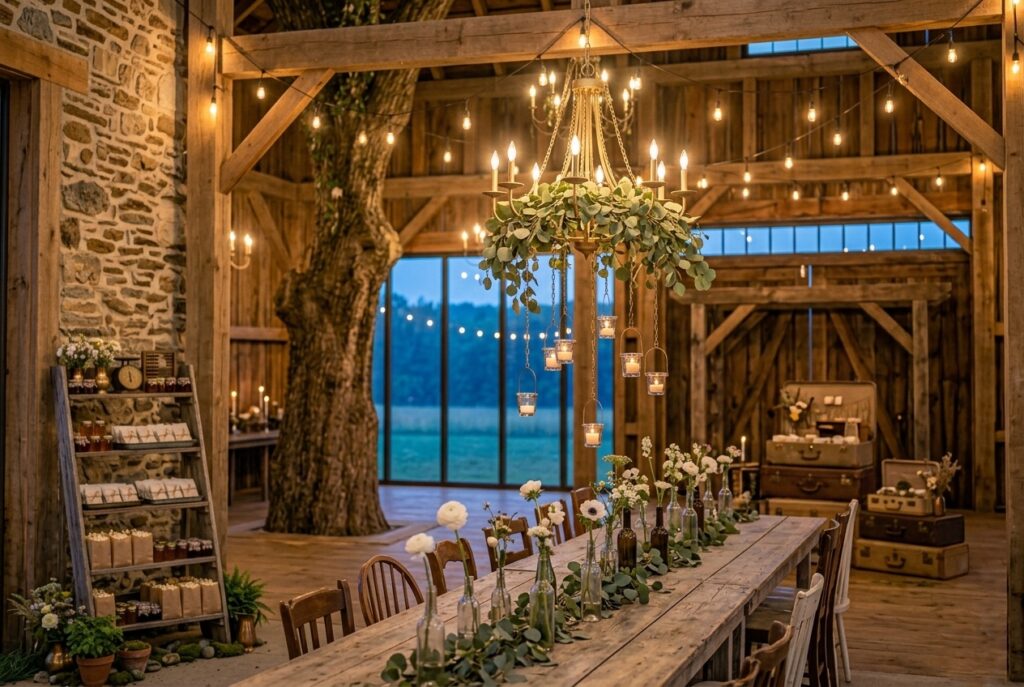Romantic thrifted wedding reception with a upcycled chandelier hung with trailing greenery from wooden ceiling beams, wine bottle single-stem vase gallery down the center of a long table, vintage suitcase stack at the welcome display, and warm candlelight throughout