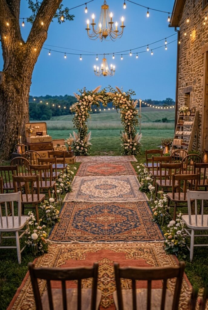 Outdoor boho wedding ceremony with three layered vintage Persian rugs in complementary jewel tones laid end to end as the ceremony aisle, with simple wooden chairs on either side and a loose floral arch at the end in natural light