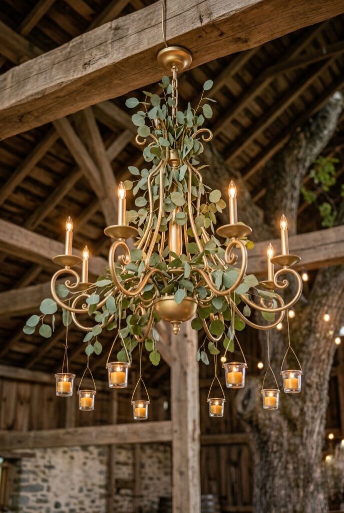 Thrifted brass chandelier spray-painted matte gold and hung from wooden barn rafters above a wedding sweetheart table, wrapped with trailing eucalyptus and small hanging tea light votives, warm amber evening light