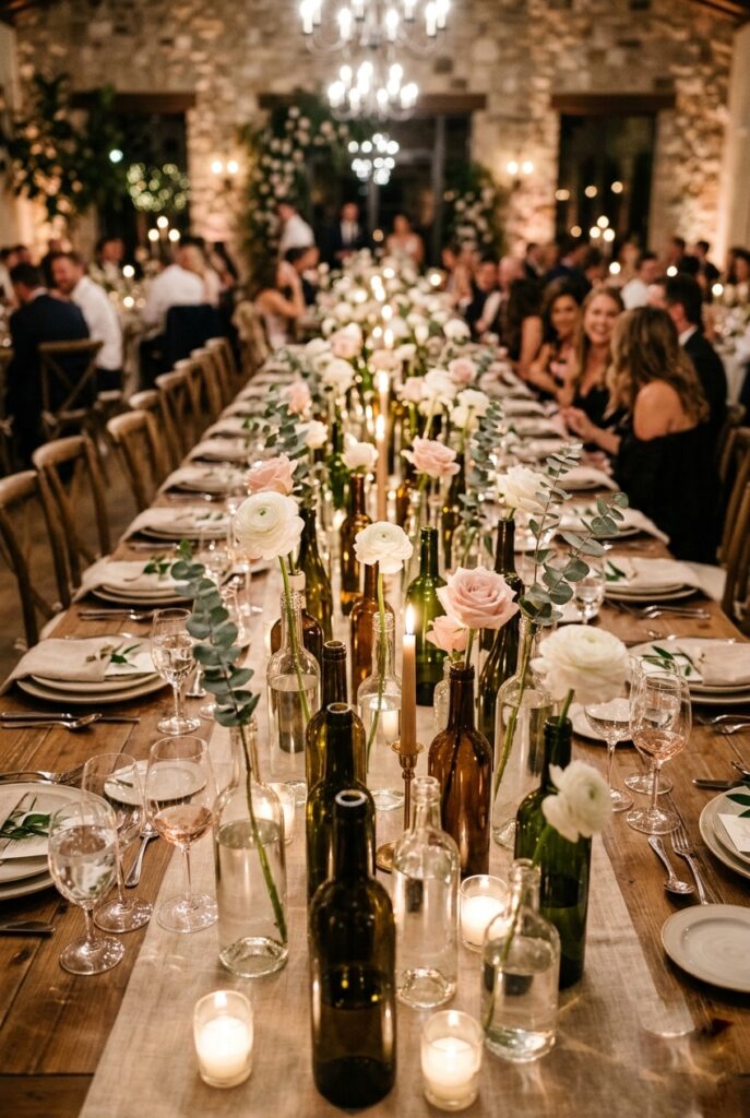 Long wedding reception table with a center gallery of empty wine bottles in green, brown, and clear glass at varying heights, each holding a single flower stem — white ranunculus, eucalyptus, or blush rose — running the full length of the table as a linear centerpiece