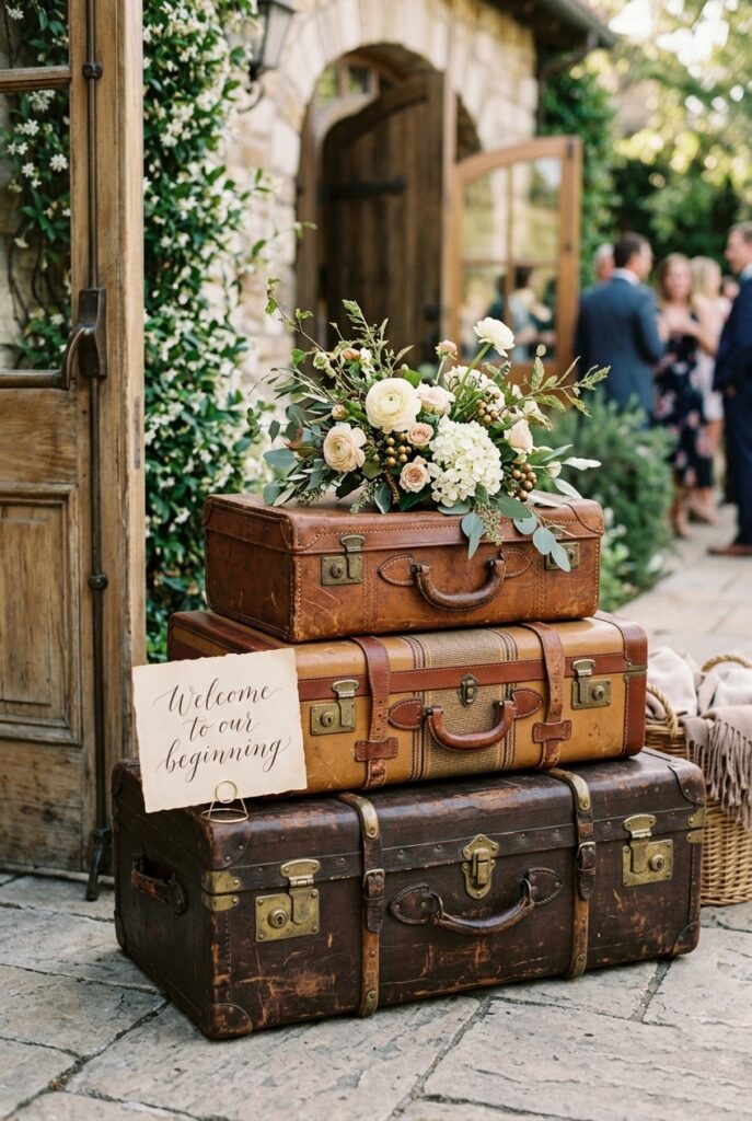 Wedding welcome display made from three vintage suitcases stacked at the venue entrance — largest on bottom, smallest on top — with a small floral arrangement on the top suitcase, a hand-lettered welcome card leaning against the stack, and a slot cut in the middle suitcase lid for guest cards