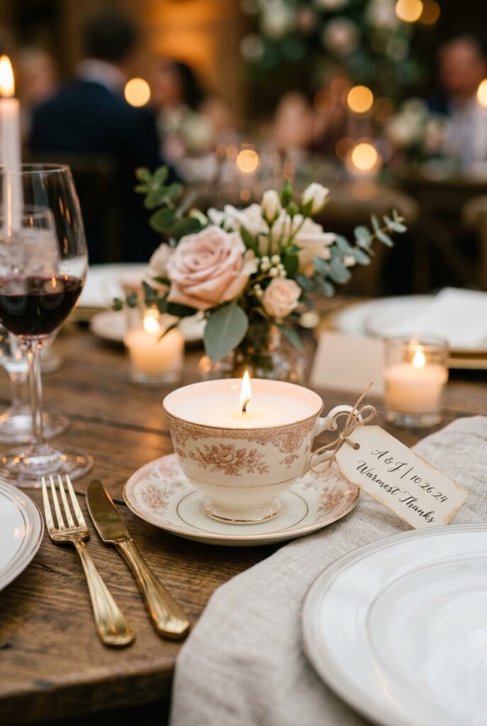 Close-up of a wedding place setting with a small vintage floral teacup filled with poured white soy wax and a single wick, sitting beside the dinner plate as both a decor element and a take-home favor, with a small hand-written tag tied to the handle
