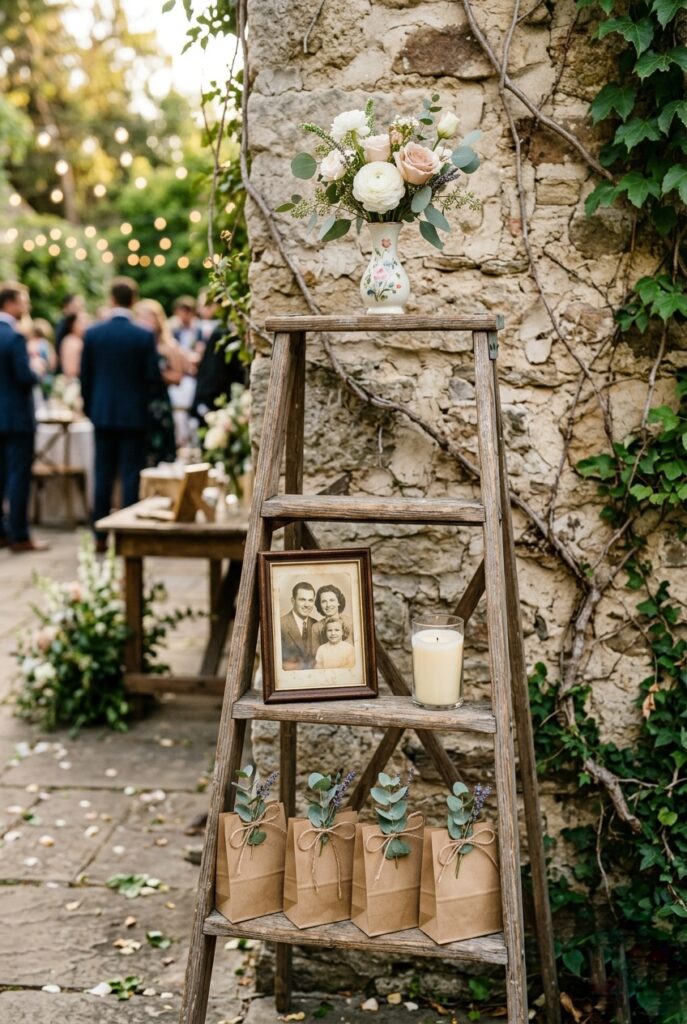 Vintage wooden ladder leaning against a stone wall at a wedding reception, with three rungs styled as shelves — top rung holding a small floral arrangement, middle rung displaying framed photos and a candle, bottom rung holding favor bags and a small plant