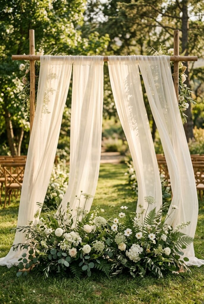 Outdoor wedding ceremony backdrop made from three thrifted sheer white curtain panels draped from a simple wooden frame, flowing in a light breeze, with a loose greenery and white floral arrangement at the base and warm natural light filtering through