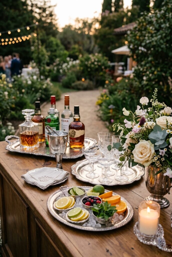 Wedding bar station styled with multiple thrifted silver trays of varying sizes used to organize bar tools, garnishes, and glassware, creating a cohesive and elegant bar display with warm candlelight and a small floral arrangement on the corner
