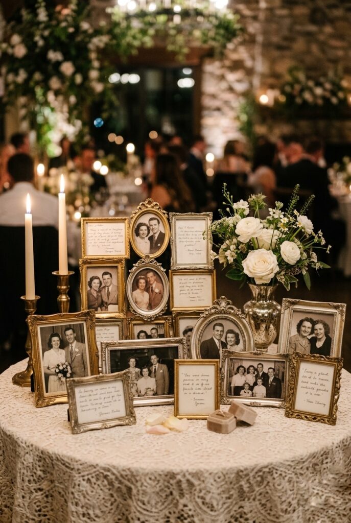 Wedding personal memory table covered with a lace tablecloth and displaying a collection of 12 mismatched thrifted gold and silver frames holding family photos and handwritten notes, with a small floral arrangement and two candles, creating a heartfelt and intimate display