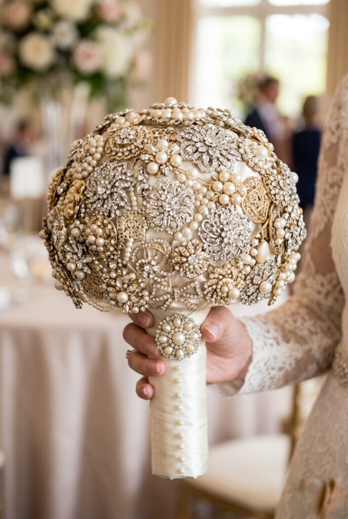 Close-up of a bridal bouquet made entirely from vintage brooches, pearls, and costume jewelry pieces clustered on pearl-topped pins on a satin-wrapped stem handle, in ivory and champagne tones with touches of soft gold