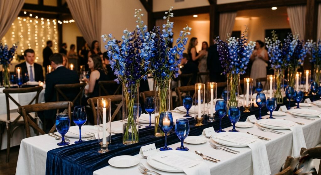 Minimalist wedding table with a crisp white tablecloth, white dinner plates, ivory linen napkins, cream taper candles in simple gold holders, and cobalt blue wine glasses and water goblets as the sole color element, with a small greenery sprig as the only floral accent