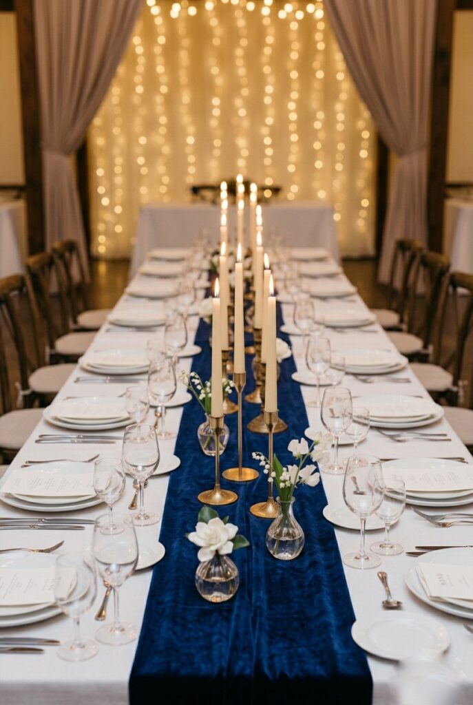 Elegant wedding banquet table with a deep indigo velvet table runner down the center, simple cream taper candles, small white flower bud vases, and white dinner plates — the deep blue velvet as the table's sole color statement against white linen