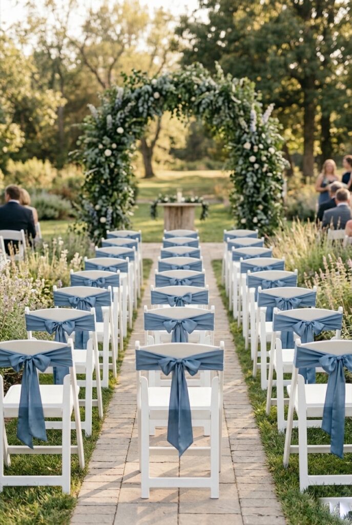 Outdoor wedding ceremony with simple white wooden chairs, each tied with a single wide dusty blue silk ribbon bow at the back — no other decoration on the chairs — in soft afternoon light with a greenery arch visible at the ceremony end