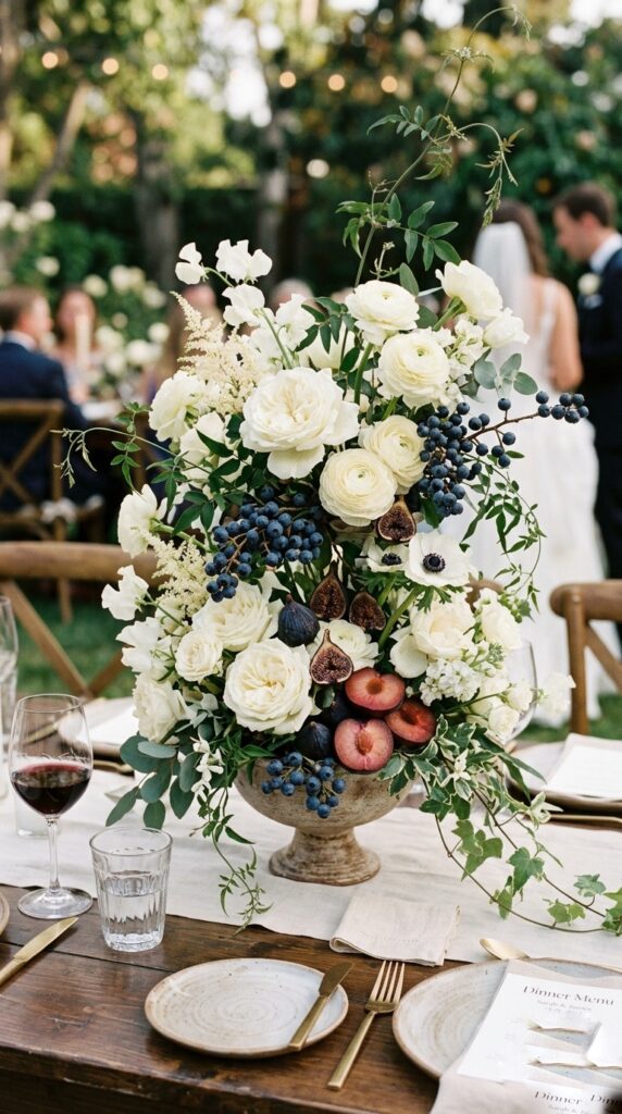 Wedding table centerpiece of white and cream flowers — garden roses, ranunculus, and trailing greenery — with clusters of fresh blueberries, dried indigo figs, and sliced plums tucked naturally throughout the arrangement, adding deep blue-purple tones without any dyed or silk elements