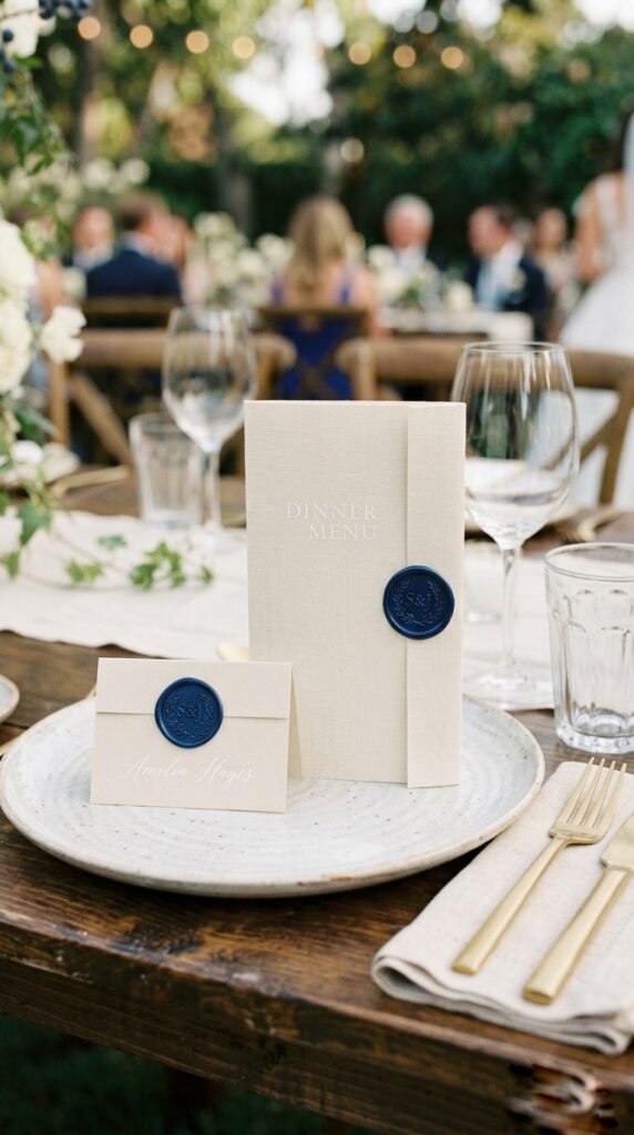 Close-up of a wedding place setting with a folded cream menu card and a place card, each sealed with a deep navy blue wax seal bearing a floral or initial stamp, arranged on a white dinner plate — the blue wax seal as the sole color element in the stationery