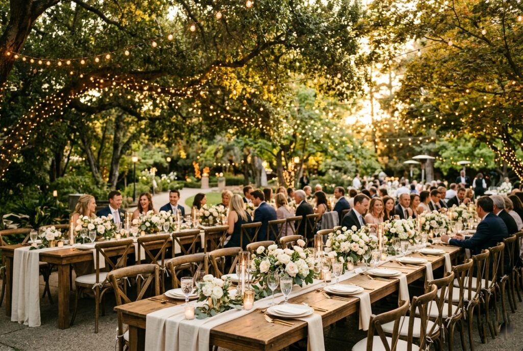 Garden wedding reception with long wooden tables, lush floral centerpieces, and soft string lights draped through trees at golden hour