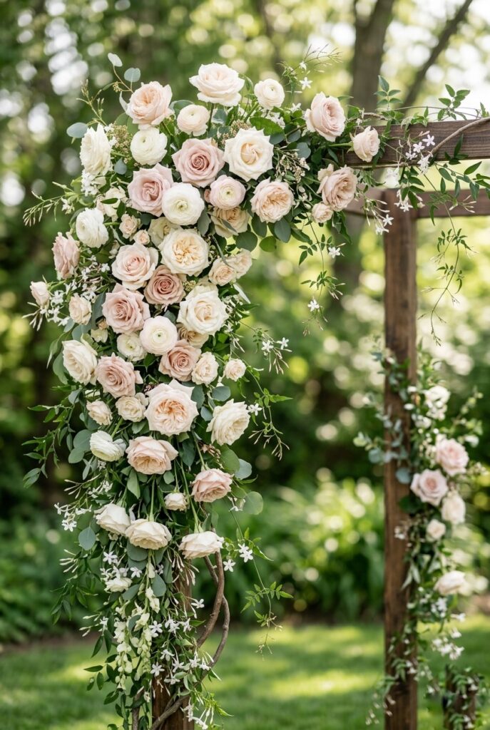 Asymmetrical floral wedding arch with garden roses, ranunculus, and trailing jasmine in soft blush and ivory tones