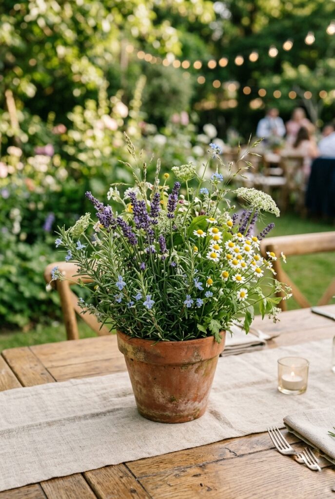 Rustic terracotta pot centerpiece with lavender, rosemary, and wildflowers on a wooden reception table at a garden wedding
