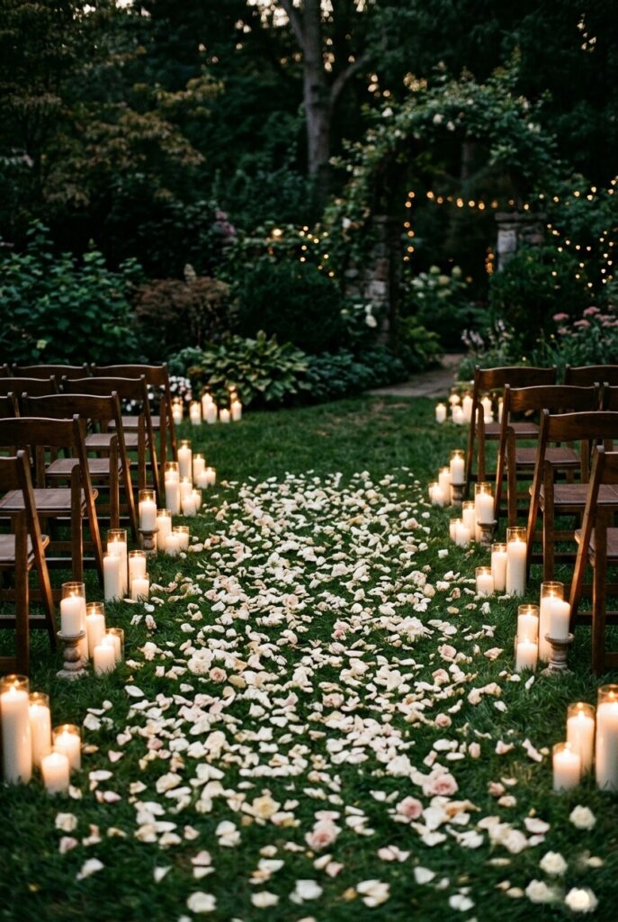  Clusters of varying height white pillar candles on the ground along a garden wedding ceremony aisle with greenery and petal details