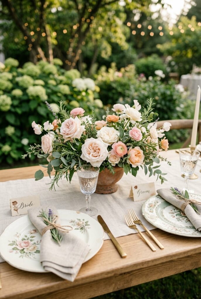 Garden wedding sweetheart table set with vintage mismatched ivory and sage china, linen napkins, and a low floral centerpiece