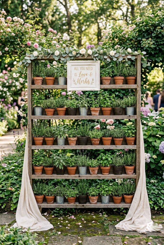 Living herb wall wedding backdrop made of tiered planters with rosemary, thyme, and sage at a garden wedding photo station