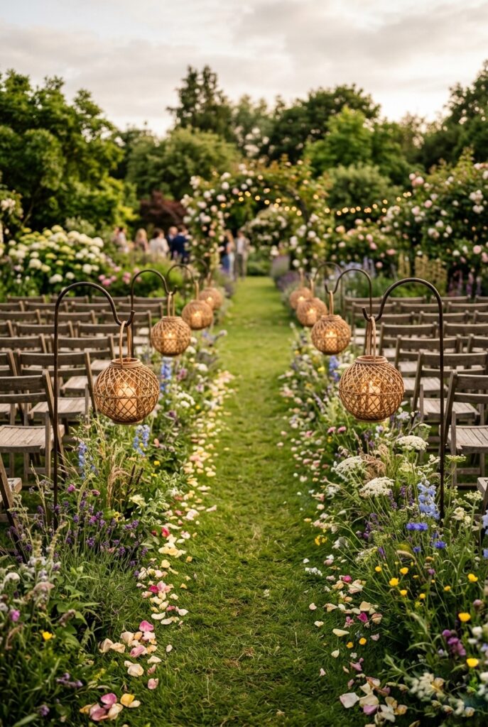 Woven rattan lanterns hanging from shepherd's hooks along a garden wedding ceremony path with soft warm glow