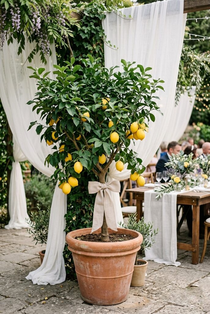 Large potted lemon tree in terracotta pot used as a decorative anchor at a garden wedding outdoor reception space
