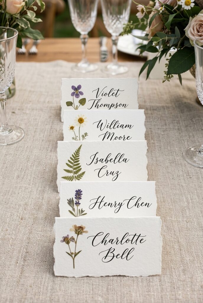 Pressed wildflower place cards on thick watercolor paper at a garden wedding reception table setting with linen backdrop