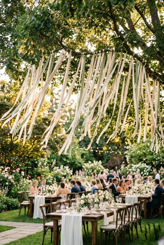 Soft satin ribbon streamers in ivory, champagne, and sage hanging from tree branches at a garden wedding reception