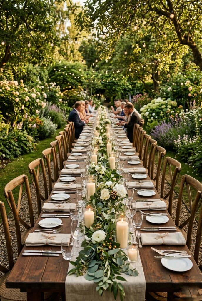  Long wooden harvest table at a garden wedding outdoor reception with greenery runners, candles, and cross-back wooden chairs