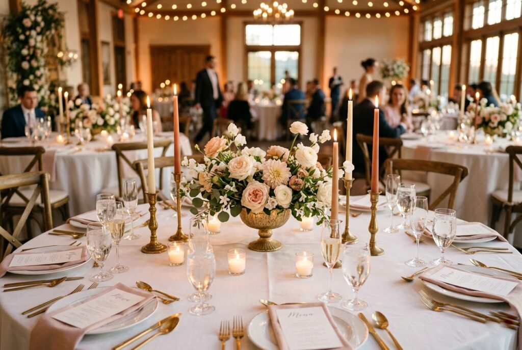 Elegant wedding round table decorated with low floral centerpiece, taper candles, and linen napkins in a soft candlelit reception hall
