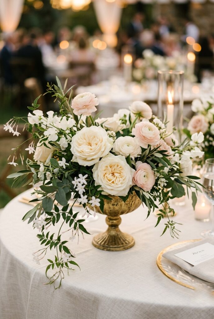 Low garden-style floral arrangement in a gold compote vase on a round wedding reception table with soft greenery and ranunculus