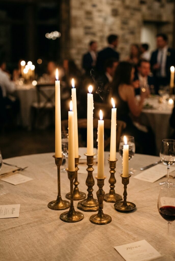 Mixed-height taper candle cluster in brass candlestick holders on a round wedding table with warm evening candlelight