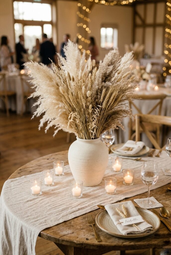 Dried pampas grass and wheat stems in a cream ceramic vase surrounded by glass votives on a round wedding reception table