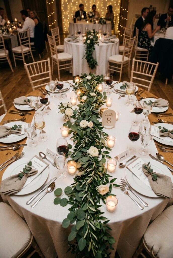 Trailing eucalyptus and smilax greenery runner with scattered glass votives on a round wedding reception table