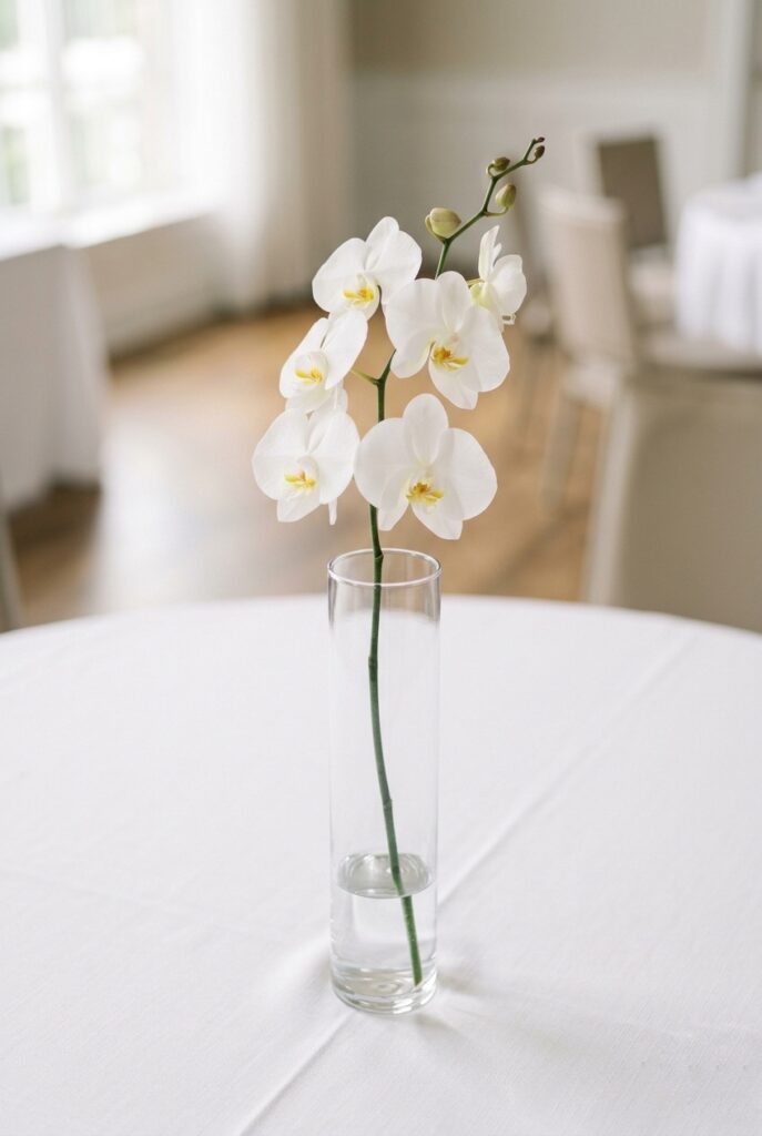 Single white phalaenopsis orchid stem in a tall glass cylinder vase on a minimalist round wedding reception table