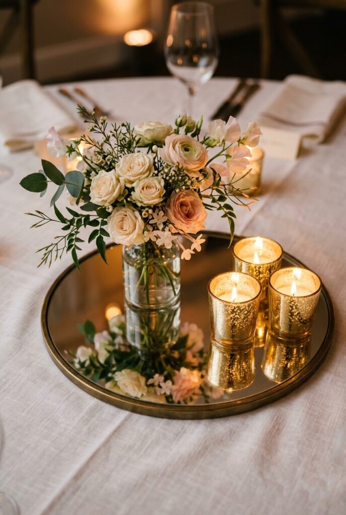 Round mirrored tray centerpiece base on a wedding reception table with small floral arrangement and gold votive candle holders