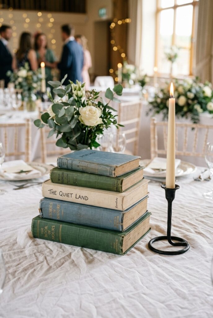 Stacked vintage hardcover books with a single taper candle on a round wedding reception table with linen tablecloth