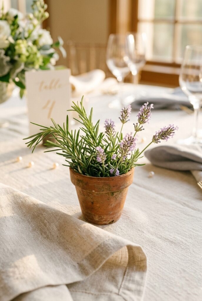 Small terracotta pot of fresh rosemary and lavender as a wedding table centerpiece on a round reception table with linen napkins