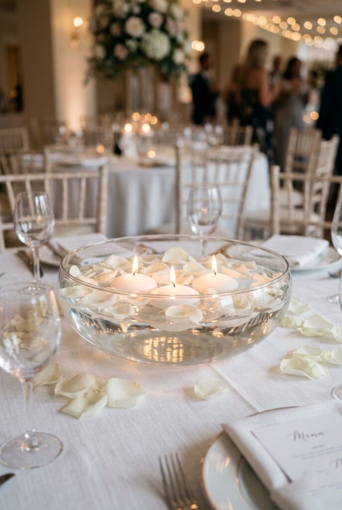 Wide shallow glass bowl with floating candles and rose petals as a wedding table centerpiece on a round reception table
