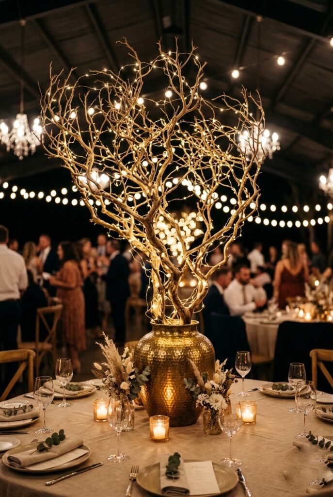 Sculptural dried manzanita branches with warm fairy lights in a gold urn centerpiece on a round wedding reception table in an evening reception