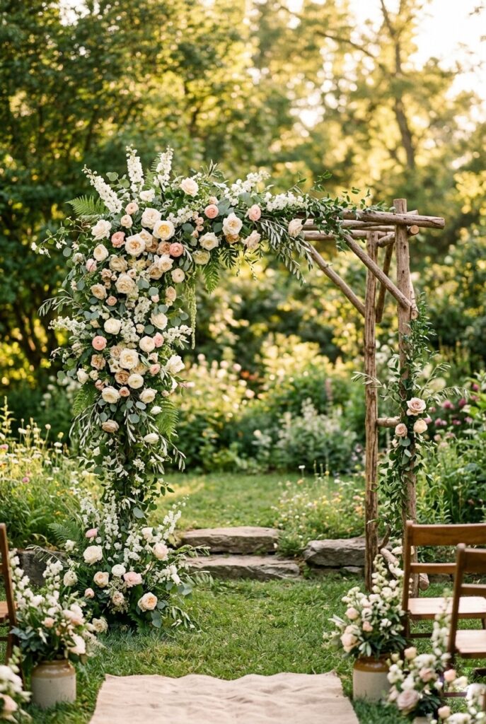 Asymmetric outdoor wedding ceremony arch with heavy blooms on one side, trailing greenery, and wild florals at golden hour
