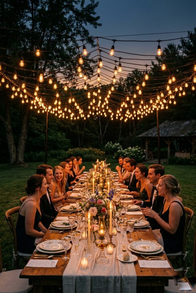 Dense canopy of warm string lights hung low over outdoor wedding reception tables at dusk, creating an intimate enclosed atmosphere