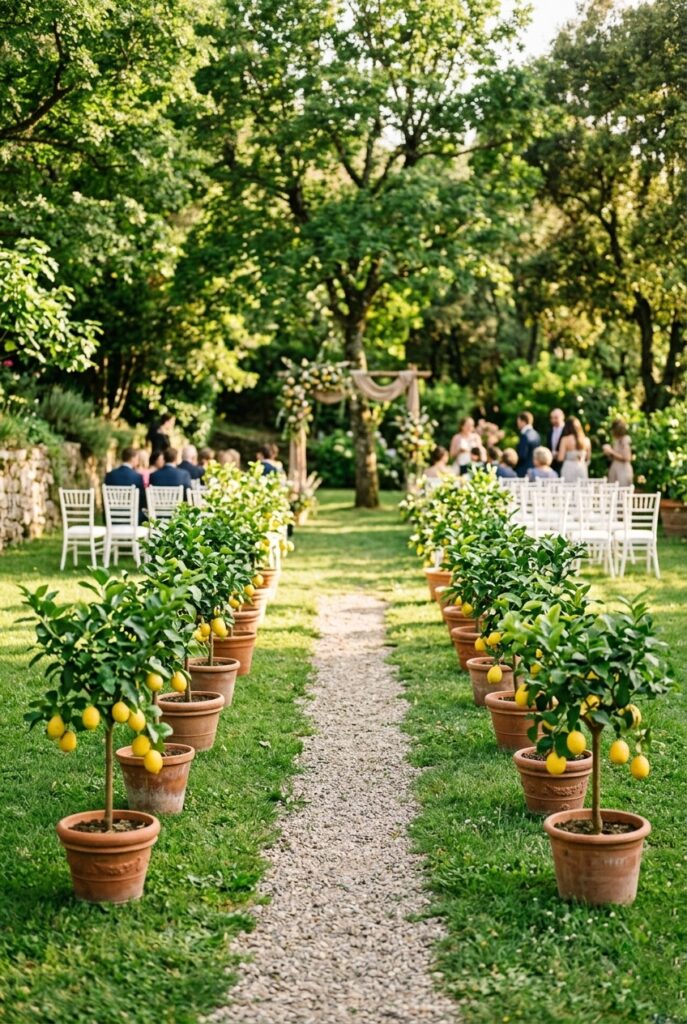 Outdoor wedding ceremony aisle lined with potted lemon trees in terracotta pots on green grass with soft natural light