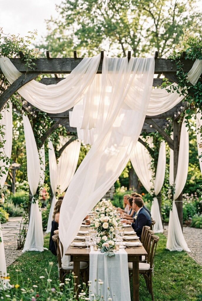 White voile fabric draping over an outdoor wedding reception pergola with soft afternoon light filtering through, tables set below