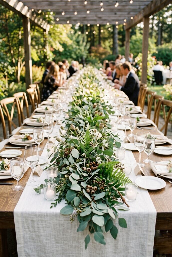 Overgrown greenery table runner with eucalyptus, wild fern, and dried seed pods down the center of a long outdoor wedding reception table