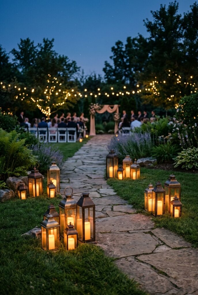 Cluster of varying-sized lanterns with warm LED candles placed at ground level along an outdoor wedding ceremony pathway at dusk