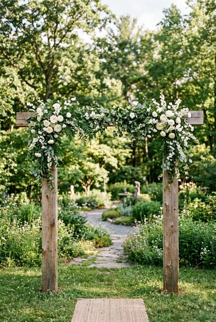 Raw exposed wood ceremony altar with two vertical pillars and horizontal beam draped with cascading greenery and white florals at an outdoor garden wedding