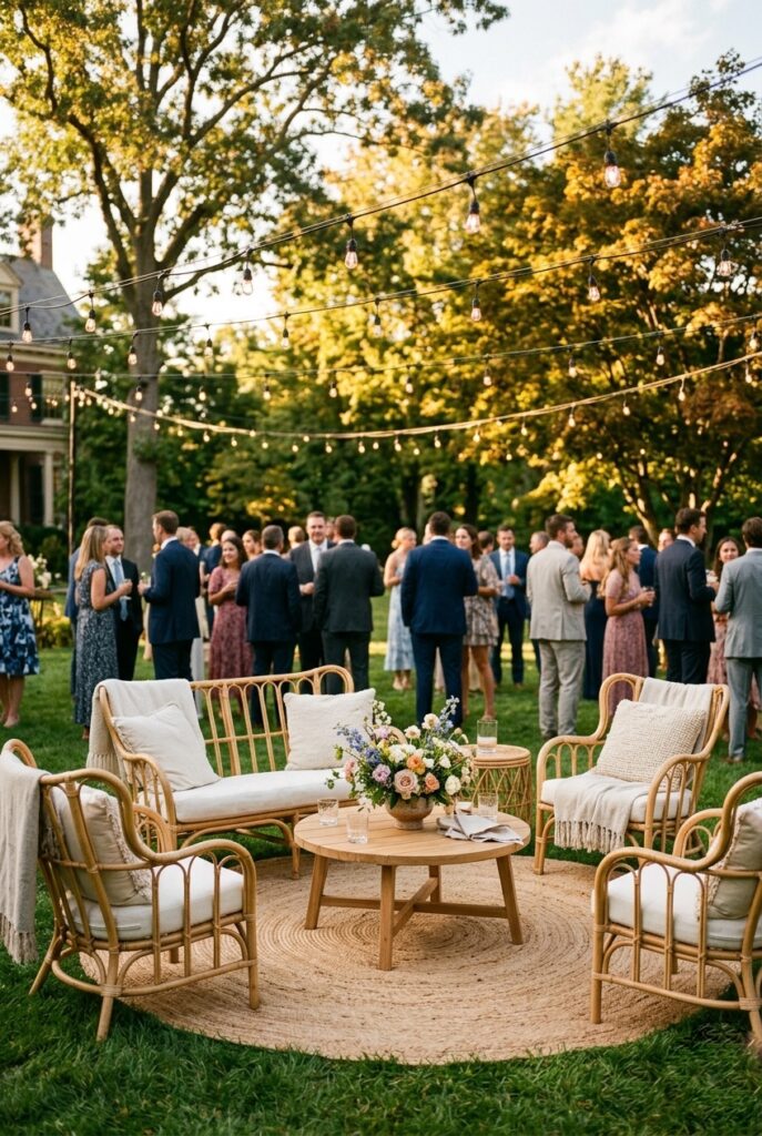 Outdoor wedding cocktail hour lounge area with rattan furniture, a flatweave rug, and string lights overhead on green lawn