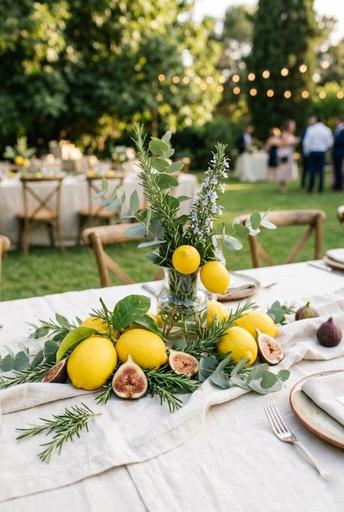 Outdoor wedding table centerpiece with fresh lemons, figs, rosemary sprigs, and eucalyptus greenery runner on a linen tablecloth in natural light